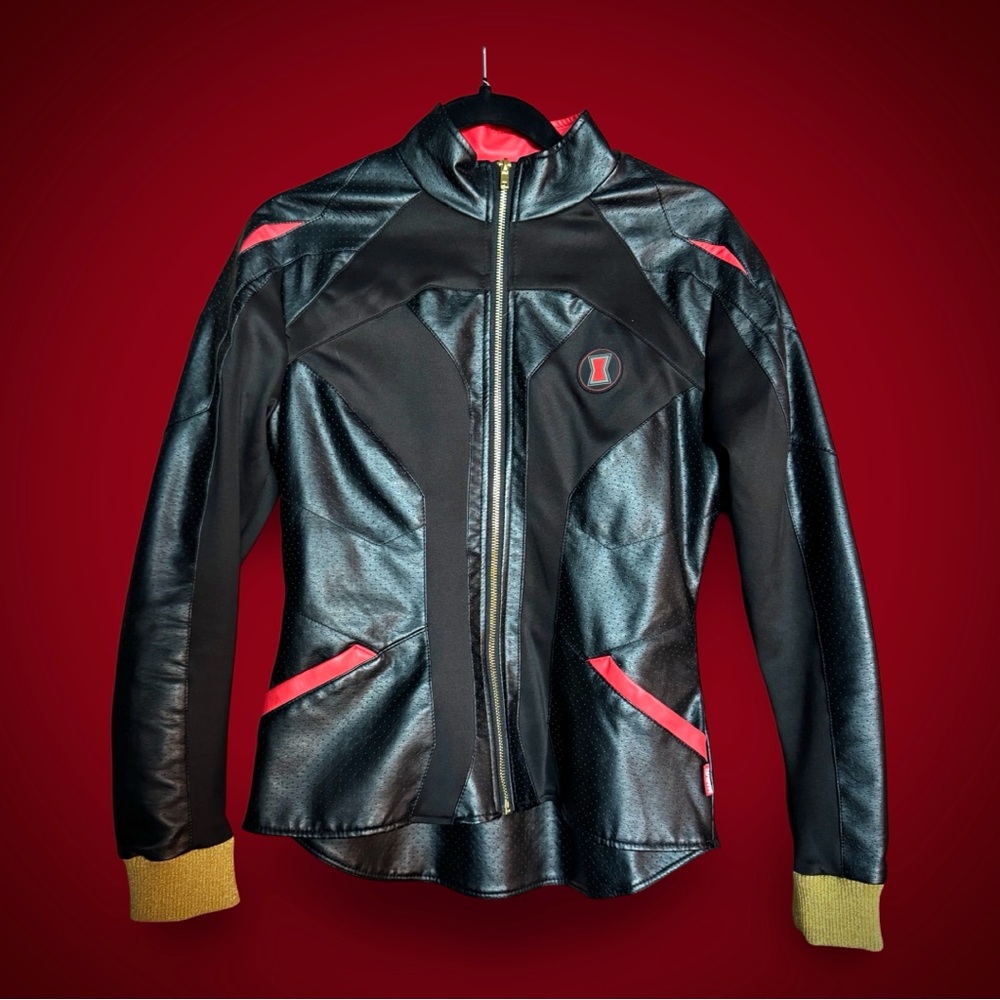 Disney Marvel Black Widow black mixed media faux perforated leather jacket S-L